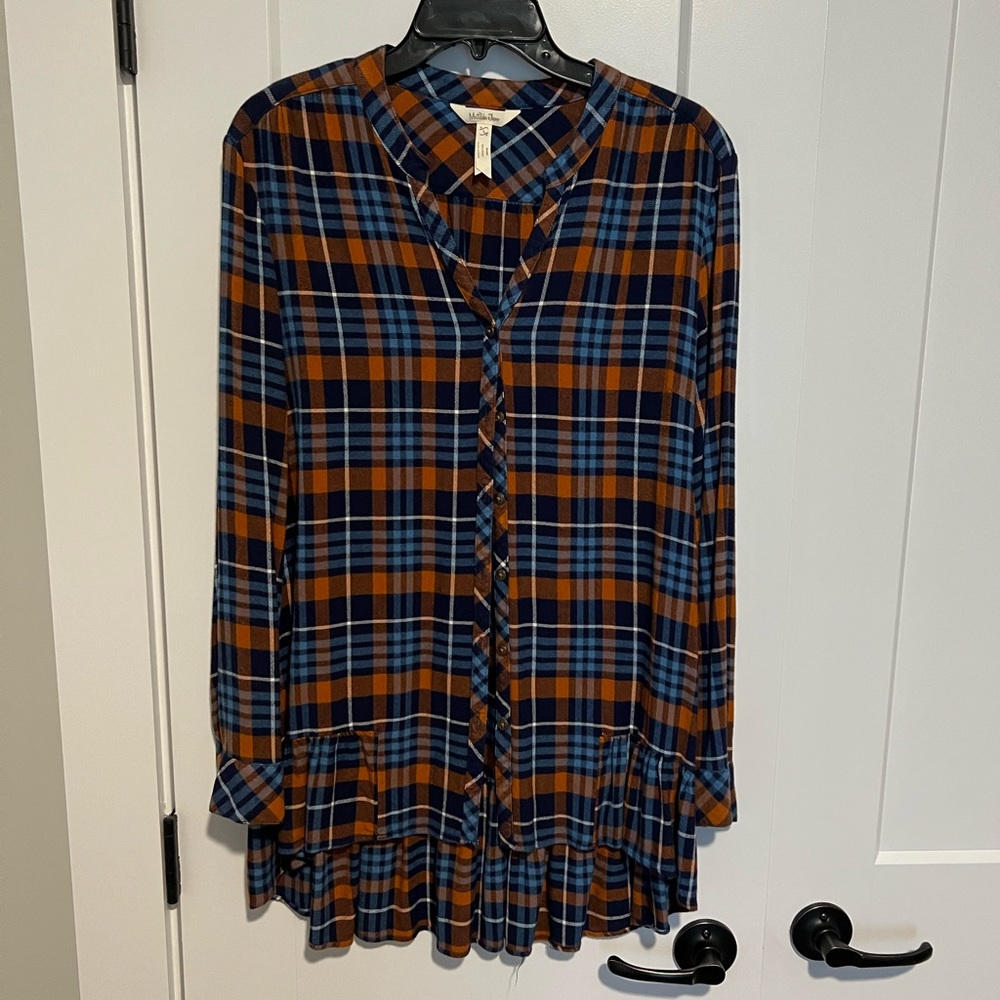 Matilda Jane Navy and Rust Plaid Ruffle Button-Front Blouse